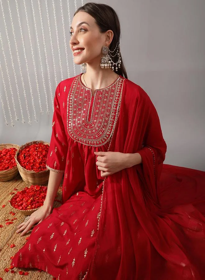 Globus  Women Red Yoke Design Gold Foil Kurta with Pant and Dupatta Set for Women | Best Price UAE